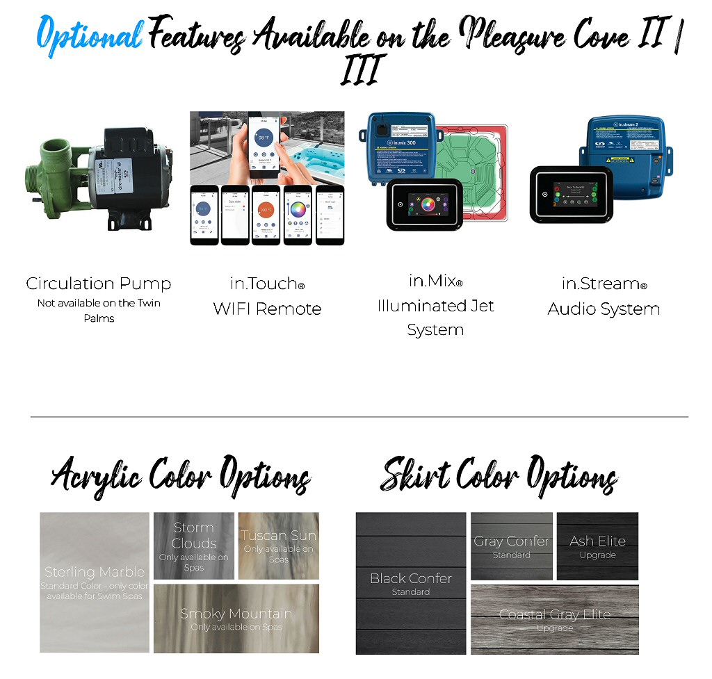 Dynasty Oasis Pleasure Cove Hot Tub Optional Features and Colors